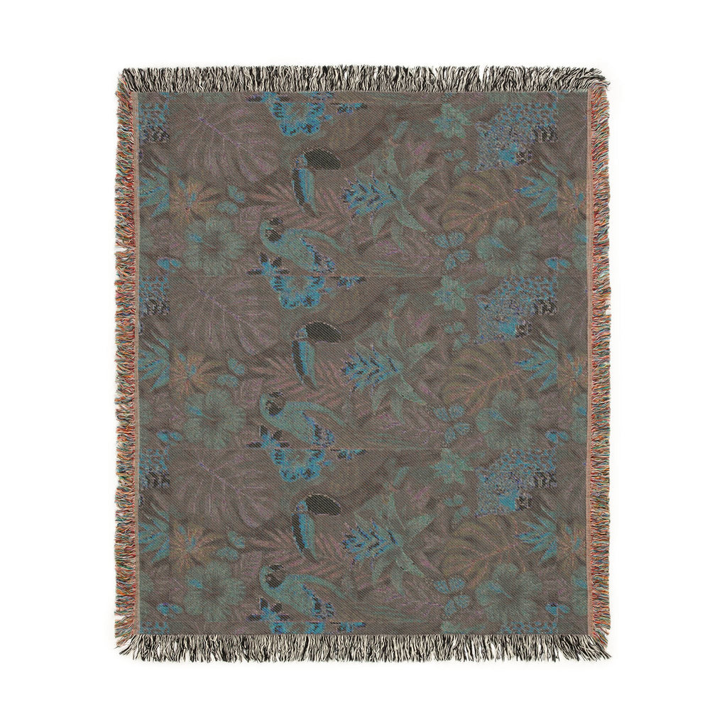 Tropical Toucan Floral Woven Blanket | Jungle Leaves Tapestry Throw