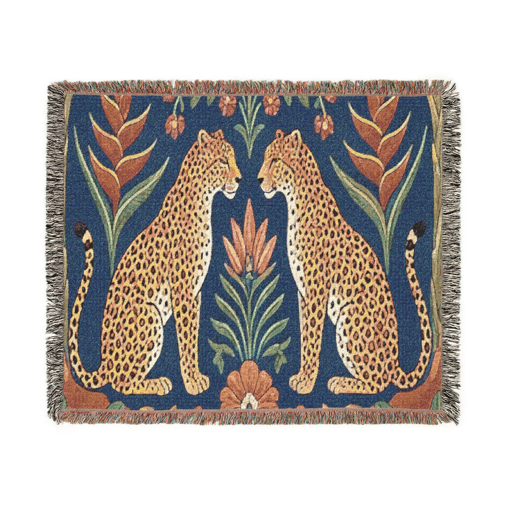 Two Sitting Leopards Woven Blanket | Botanical Motif, Tapestry Throw