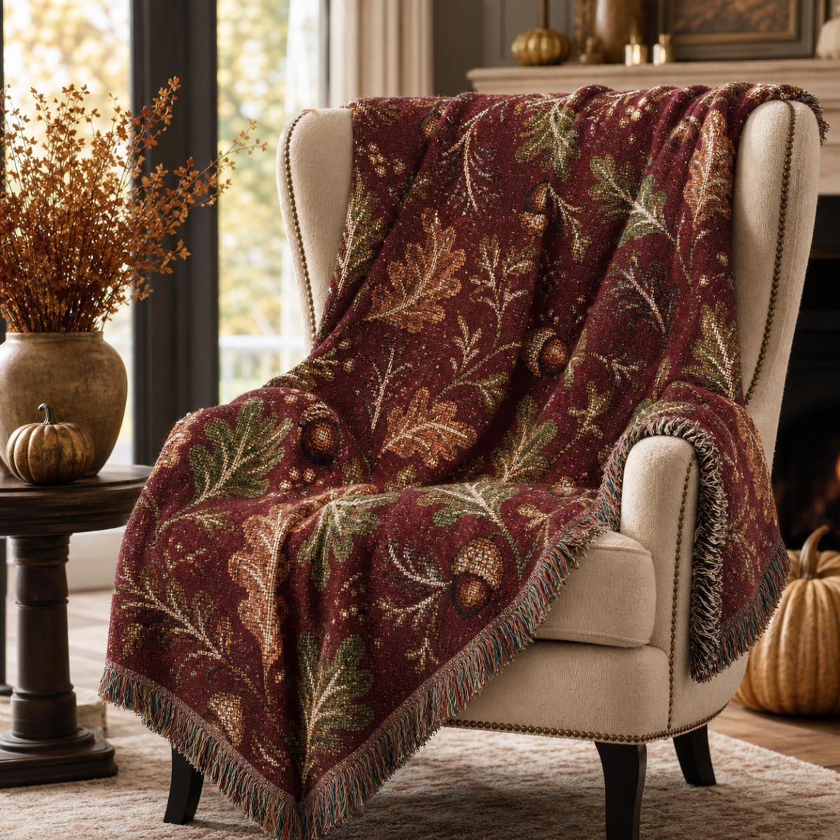 Autumn Oak Leaves Woven Blanket | Custom Fall Acorn Throw