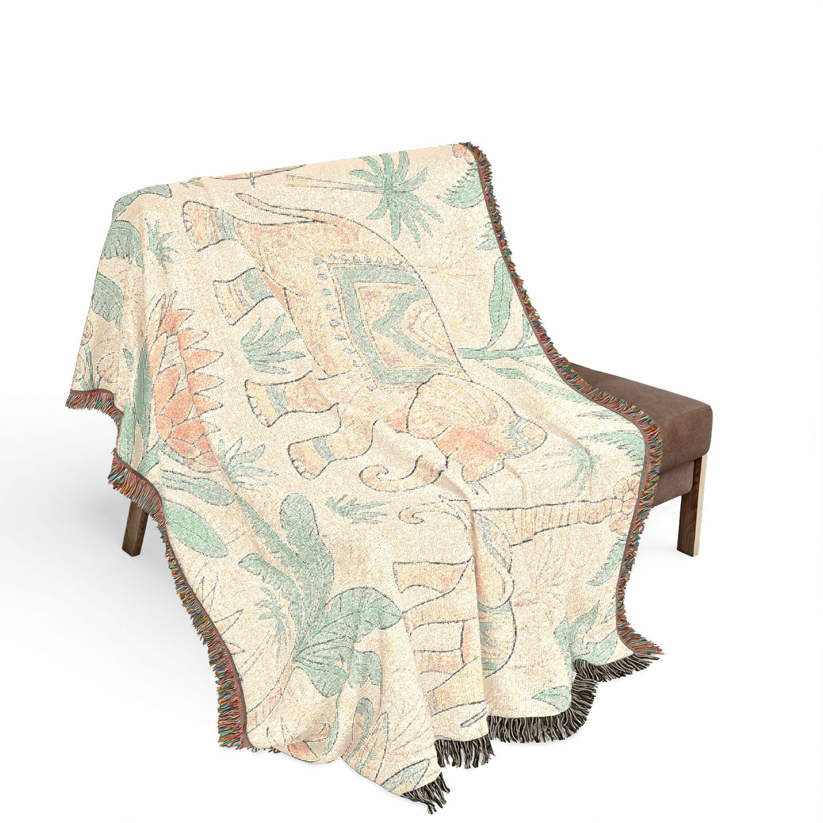Boho Elephant Family Woven Blanket | Tropical Palm Tapestry Throw