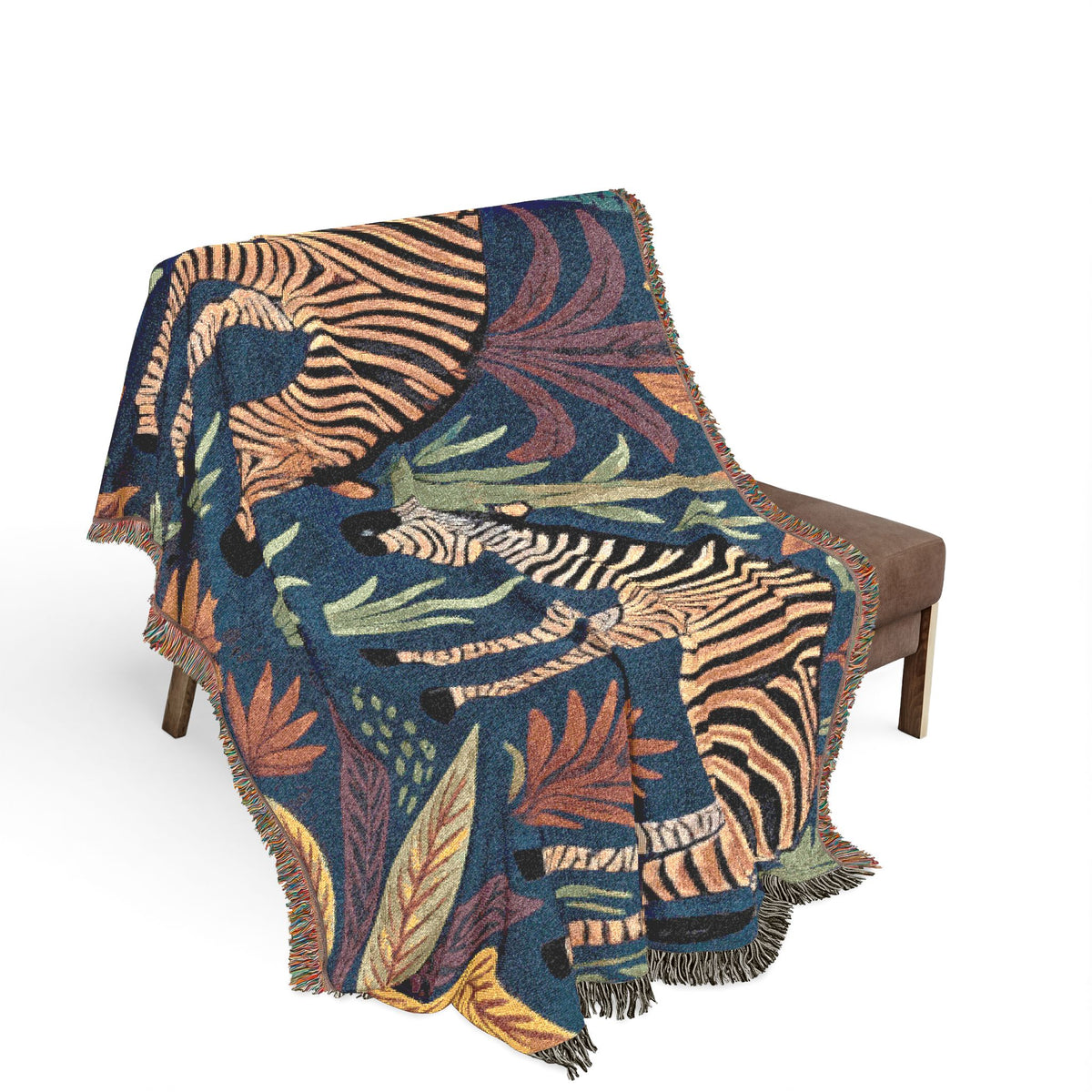 Striped Zebra Jungle Woven Blanket | Animal Print Throw, Botanical Motif