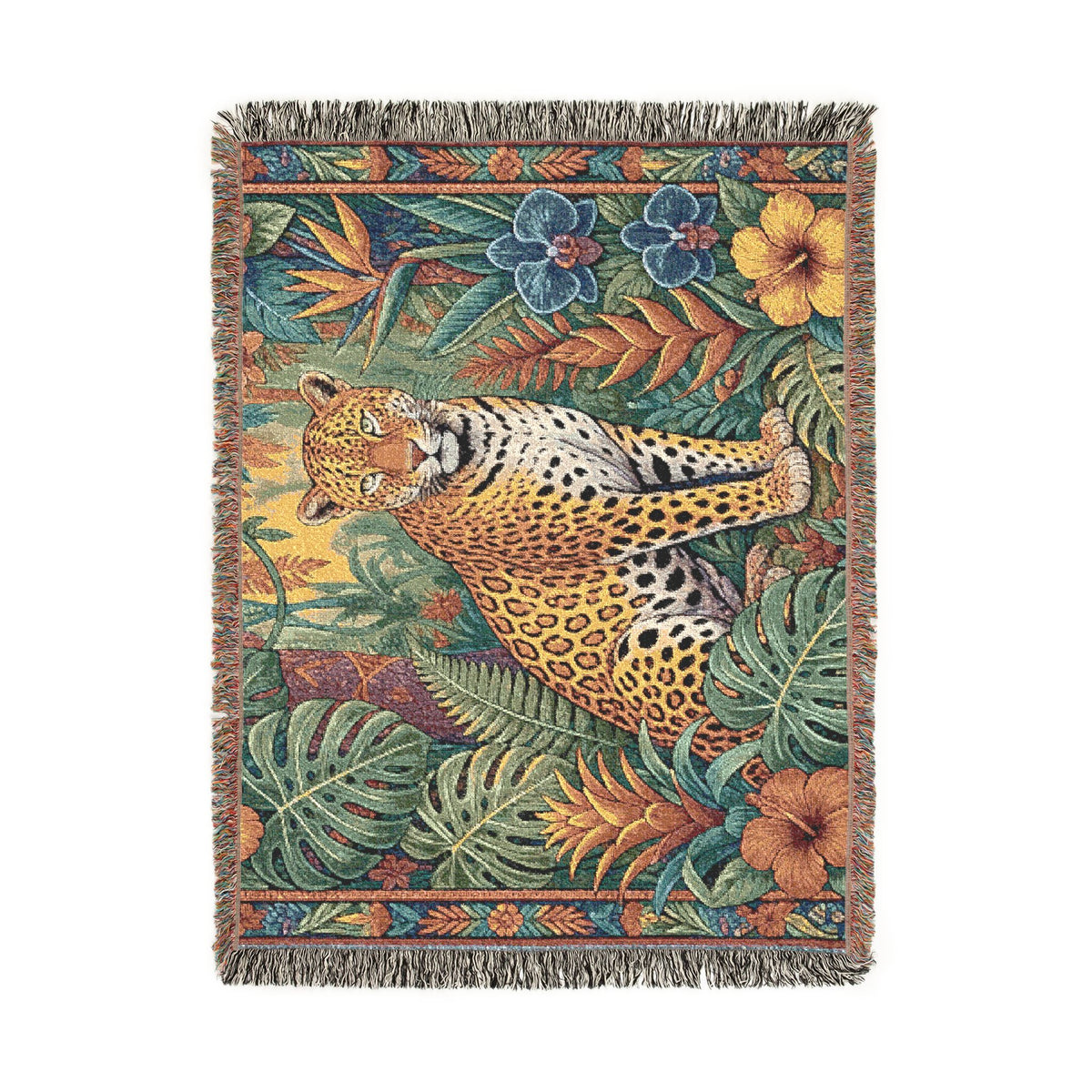 Jungle Leopard Woven Blanket | Tropical Animal Tapestry Throw