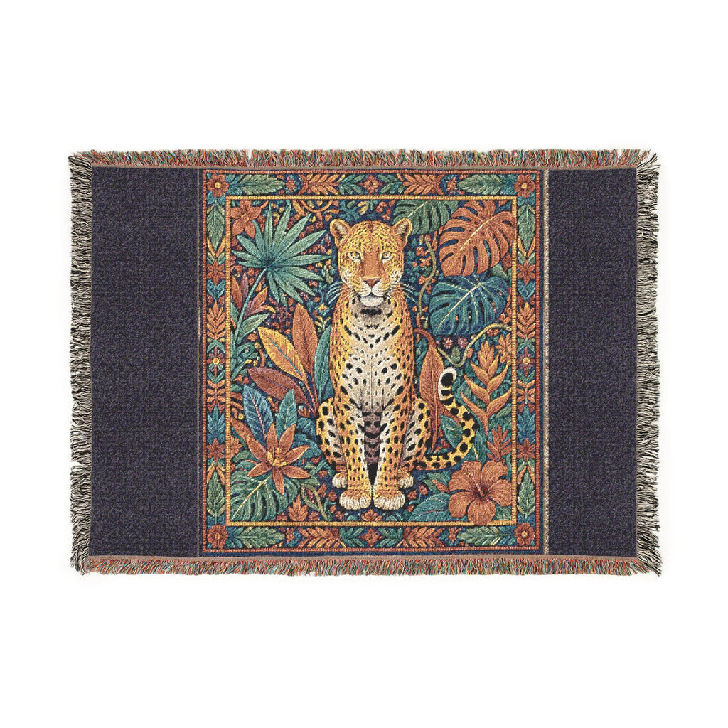 Vintage Mosaic Cheetah Woven Blanket | Jungle Leaves Tapestry Throw