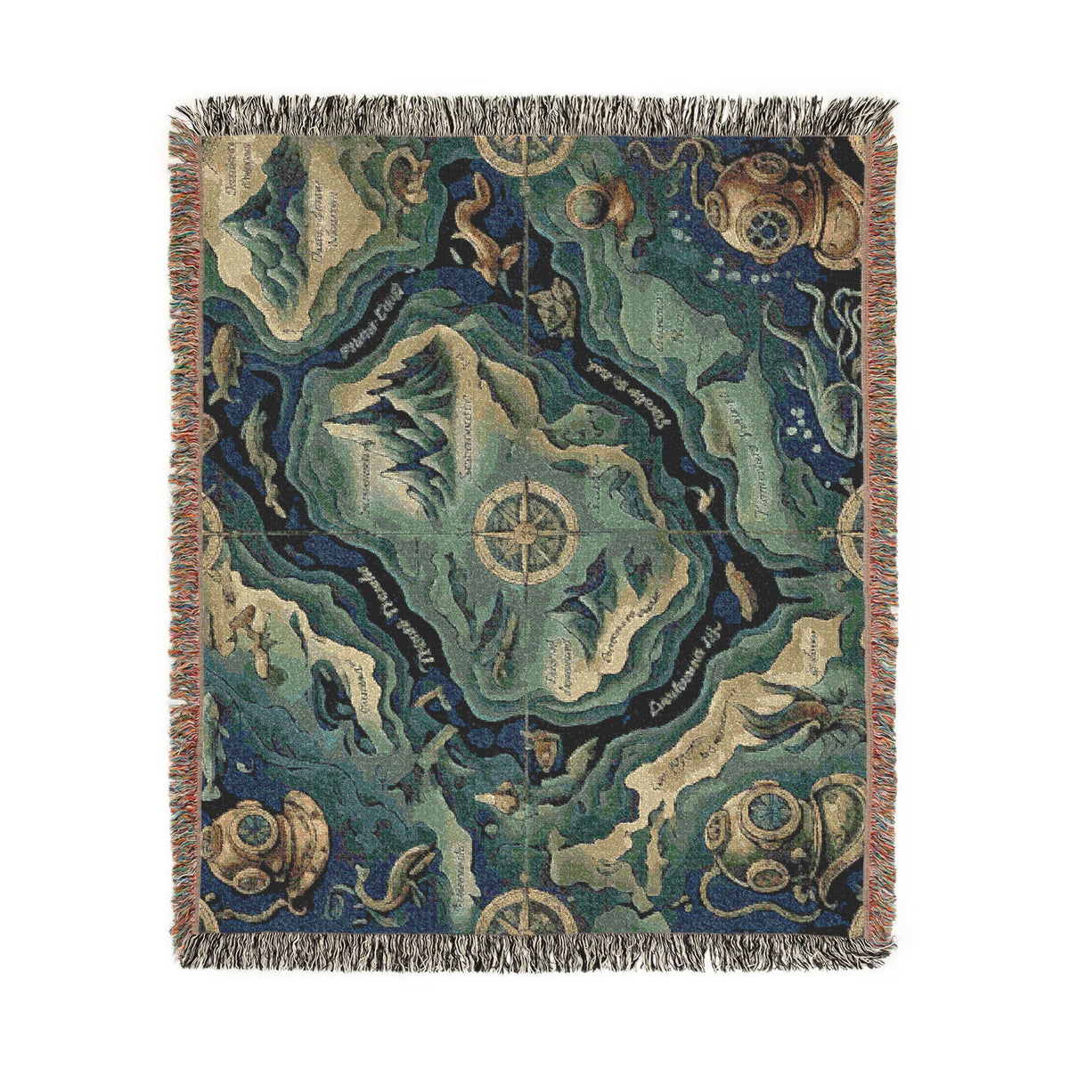 Fantasy Map Woven Blanket | Nautical Compass, Island Landscape Tapestry Throw Deep Sea