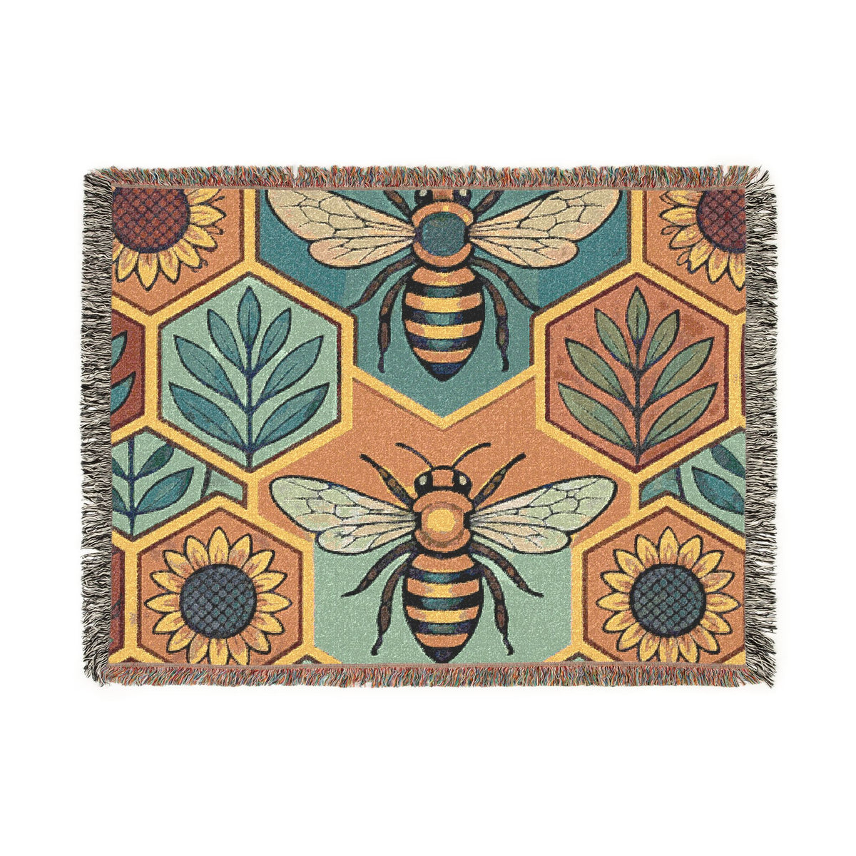 Bee and Sunflower Hexagon Woven Blanket | Honeybee Tapestry Throw