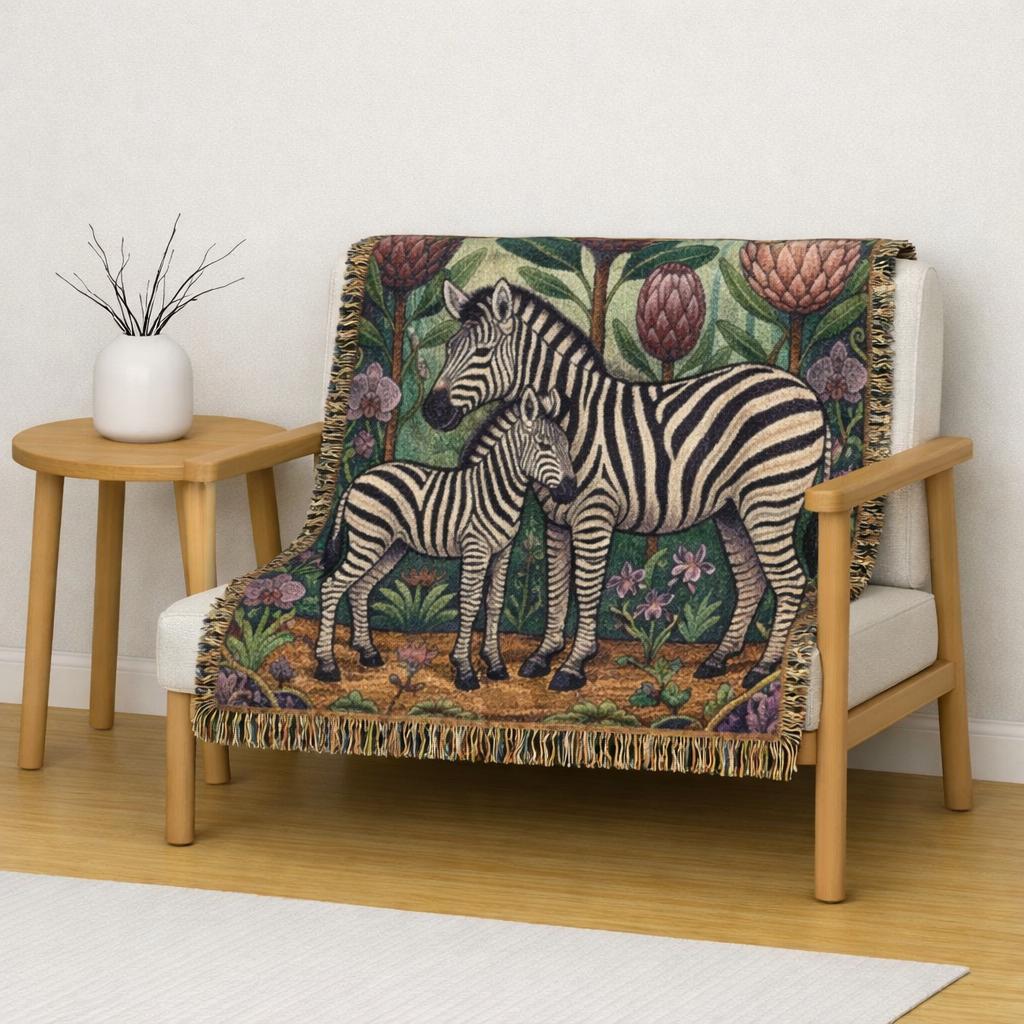 Zebra Mother and Foal Woven Blanket | Floral Tapestry Throw