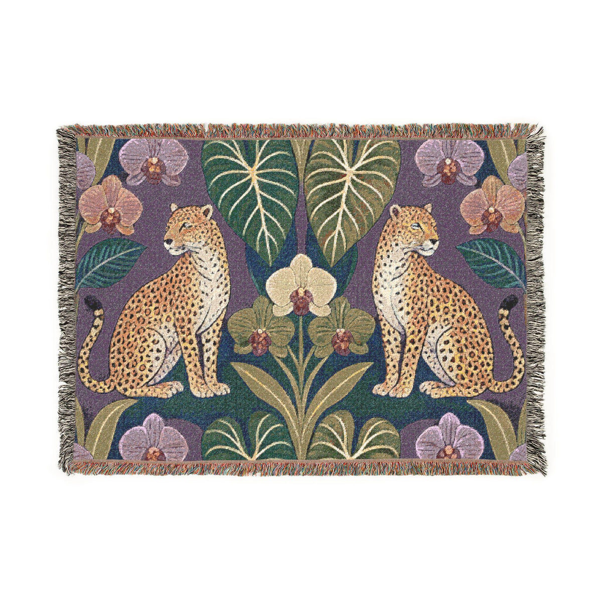 Leopard Botanical Woven Blanket | Tropical Leaves, Orchid Motif