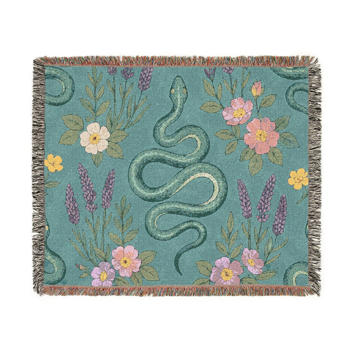 Floral Snake Illustration Blanket | Botanical Serpent Woven Throw