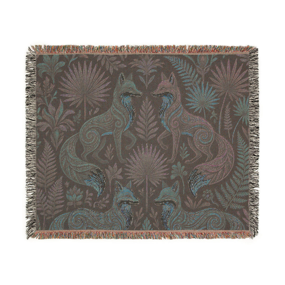 Folk Art Foxes Woven Blanket | Decorative Tapestry Throw, Nature Pattern