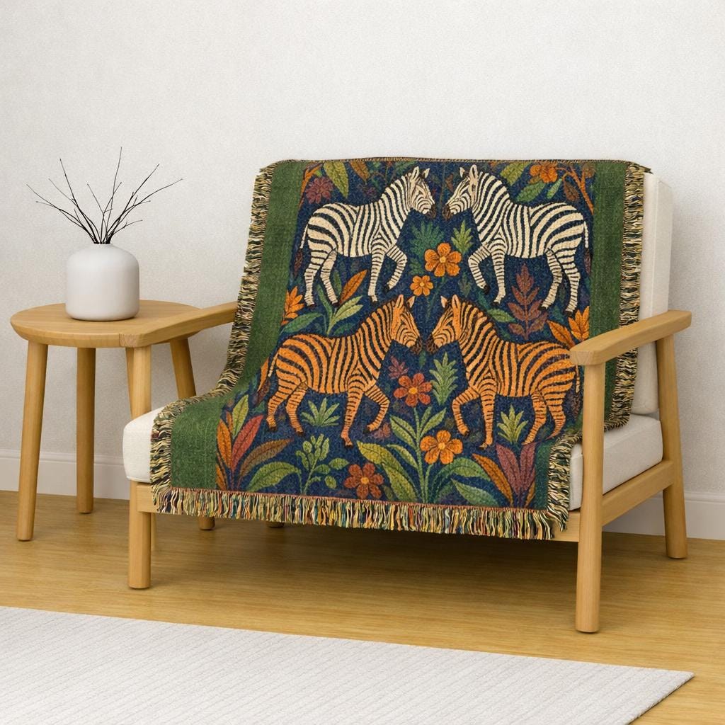 Zebra Jungle Tapestry Woven Blanket | Boho Animal Pattern
