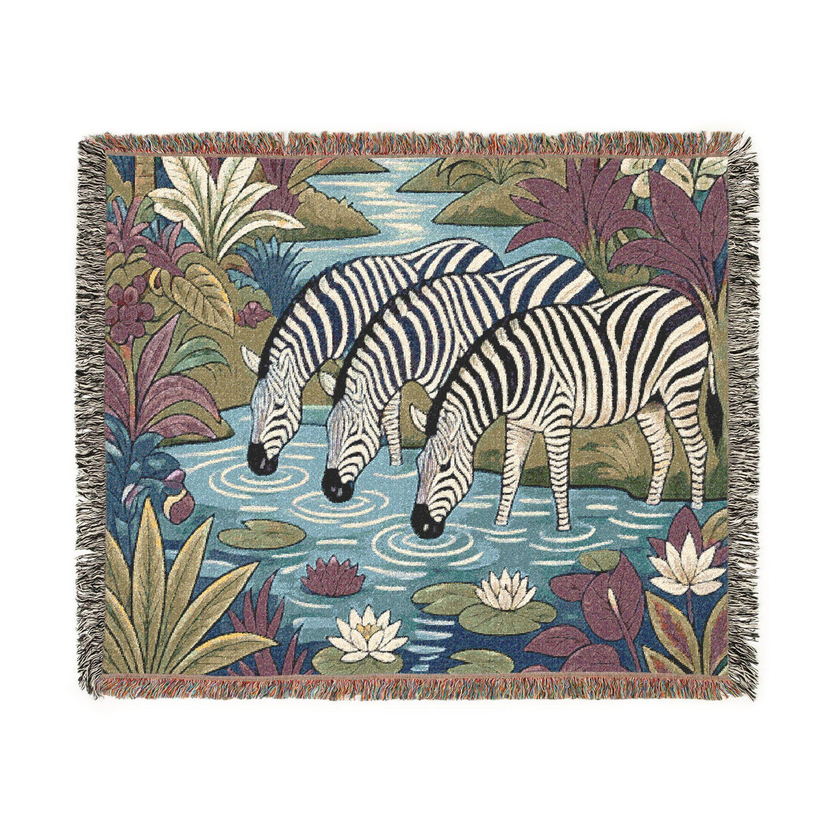 Zebra Trio Drinking at Pond Woven Blanket | Tapestry Animal Throw