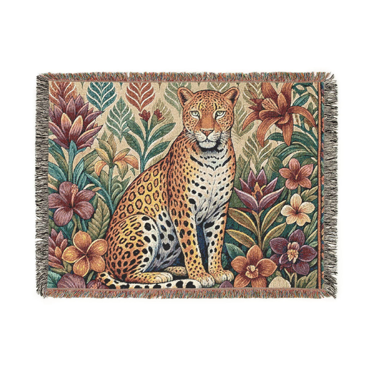 Floral Leopard Woven Blanket | Tapestry Throw, Botanical Animal Design