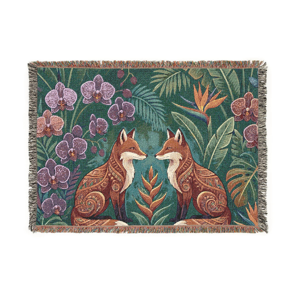 Folk Foxes Woven Blanket | Botanical Tapestry Throw, Floral Woodland Decor