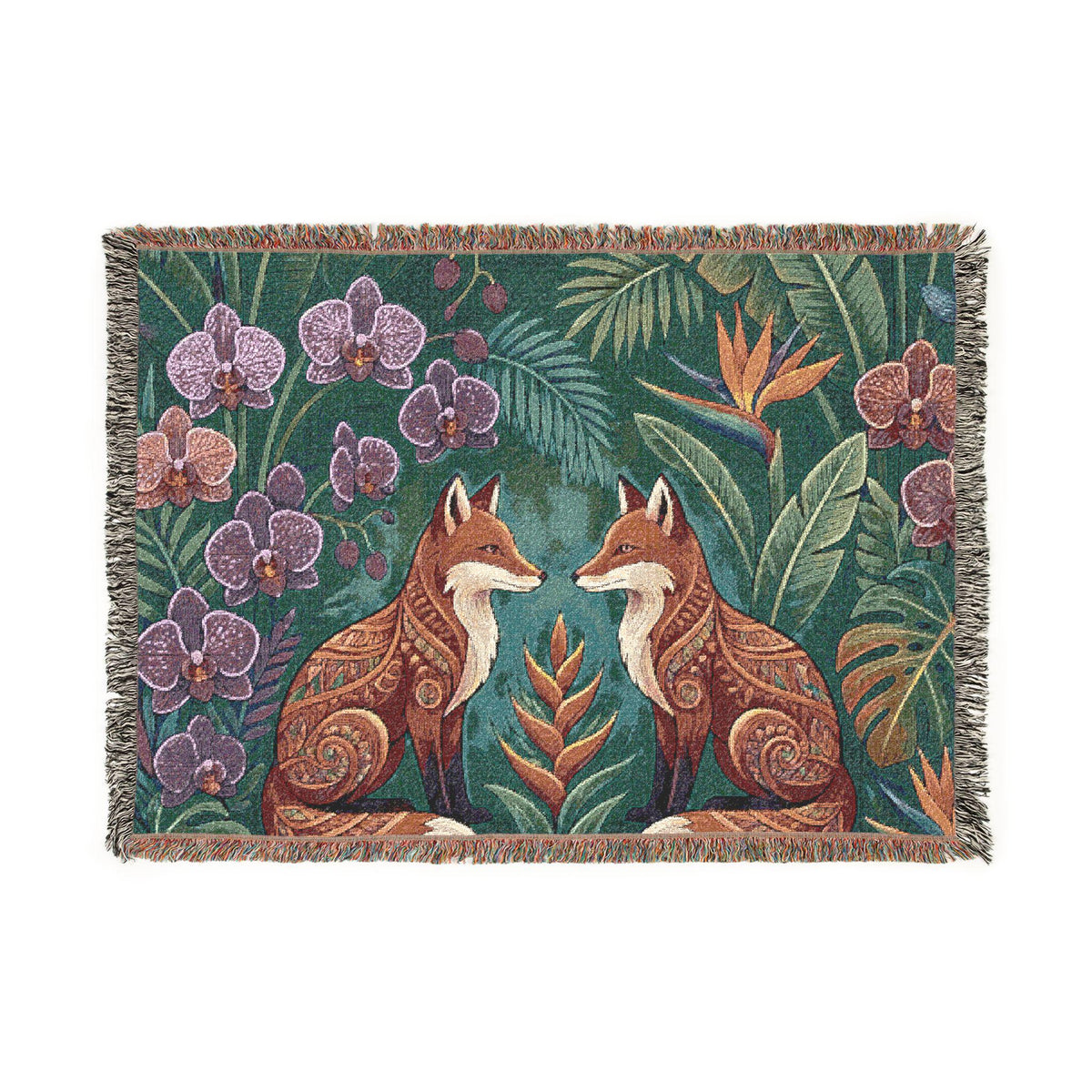 Folk Foxes Woven Blanket | Botanical Tapestry Throw, Floral Woodland Decor