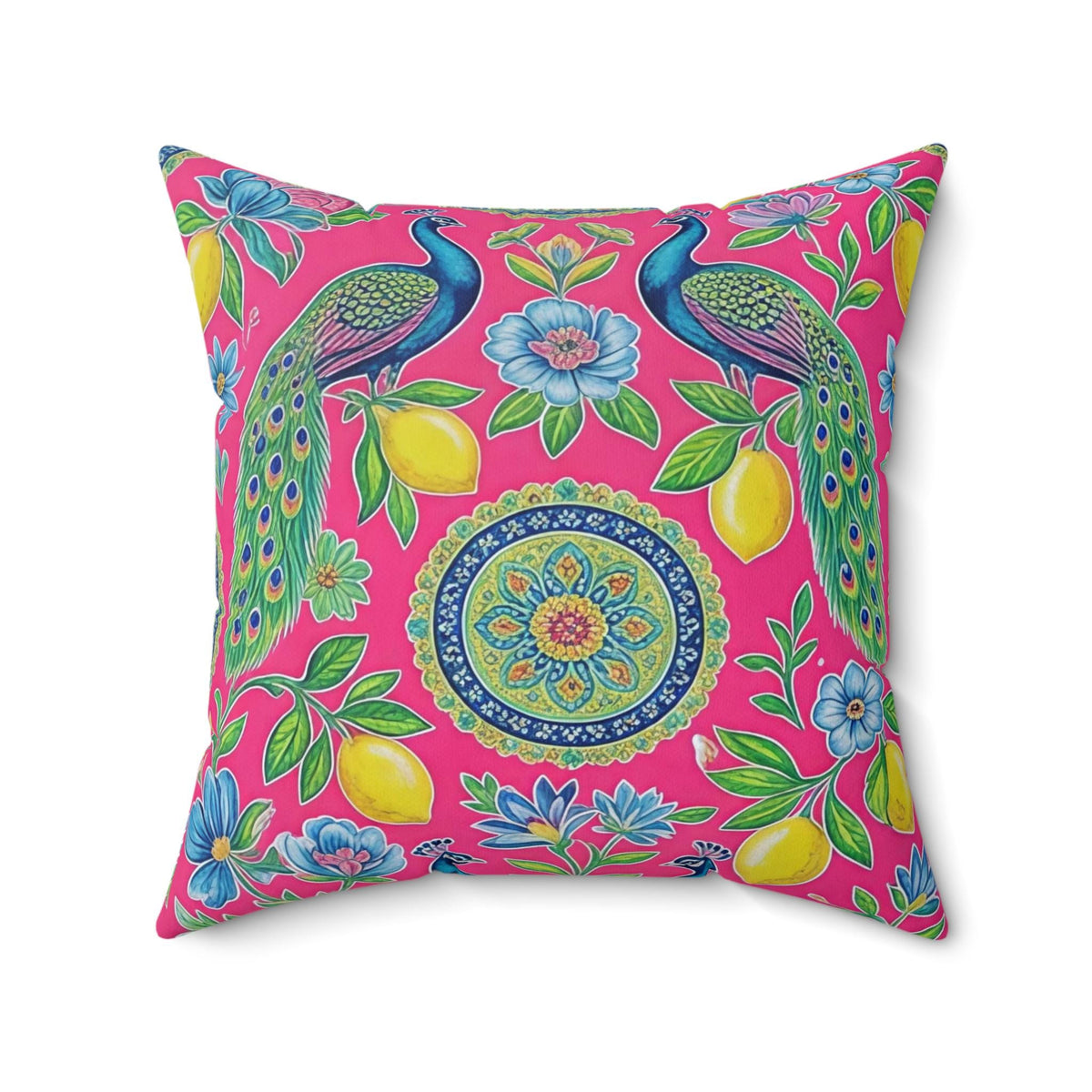 Peacock Lemon Floral Pillow | Bright Pink Decorative Throw Pillow