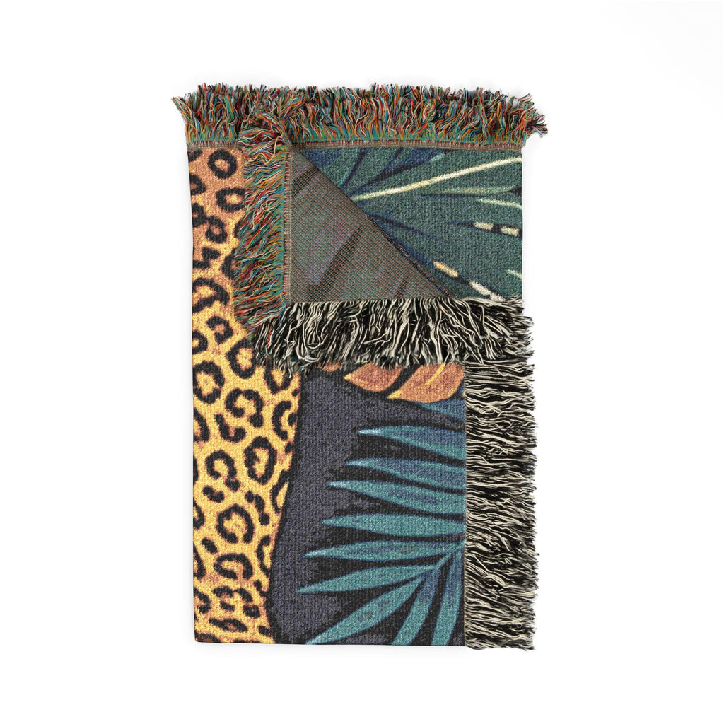 Leopard Jungle Woven Blanket | Tropical Foliage Tapestry Throw