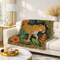 Leopard Jungle Woven Blanket | Tropical Foliage Tapestry Throw