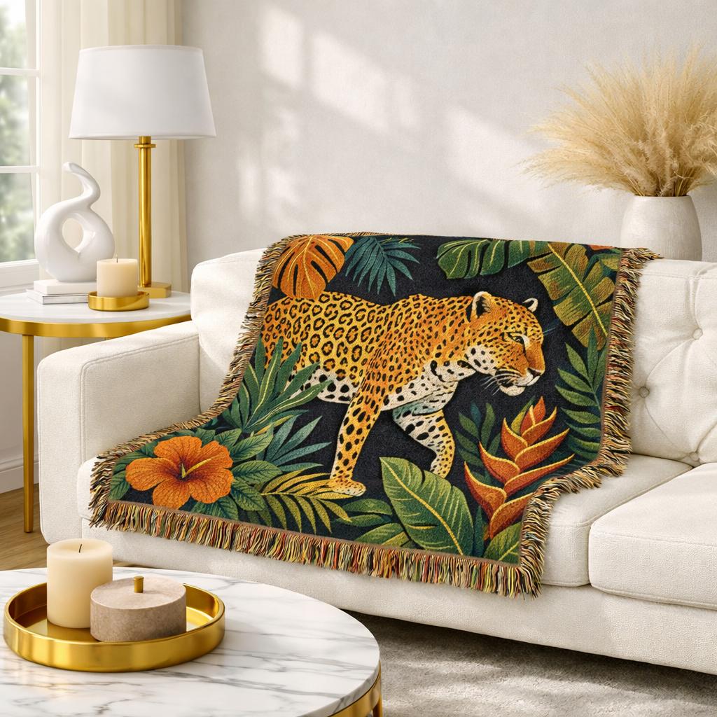 Leopard Jungle Woven Blanket | Tropical Foliage Tapestry Throw