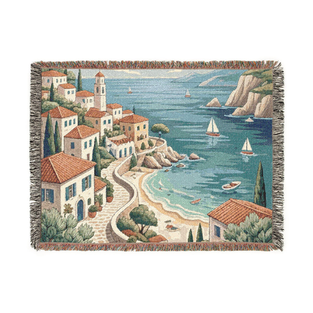Mediterranean Coastal Village Woven Blanket | Seaside Tapestry Throw