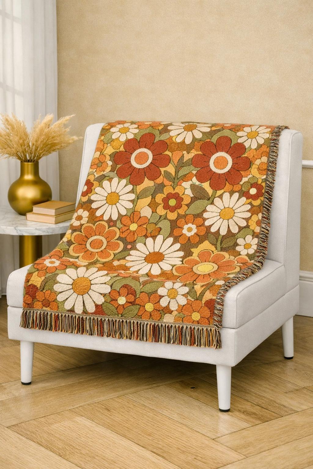 Retro Floral Woven Blanket | Vintage Flower Pattern Throw