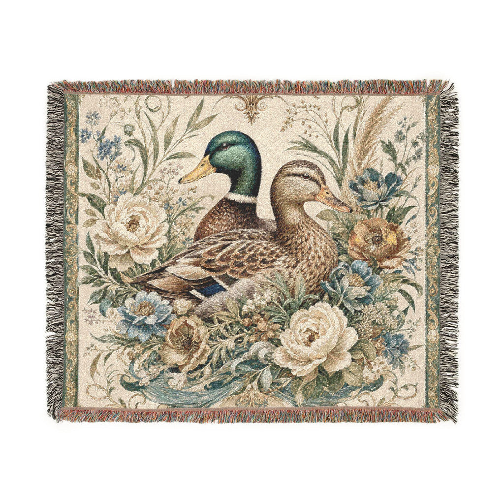 Mallard Duck floral tapestry Woven Blanket | Vintage Bird Throw Blanket