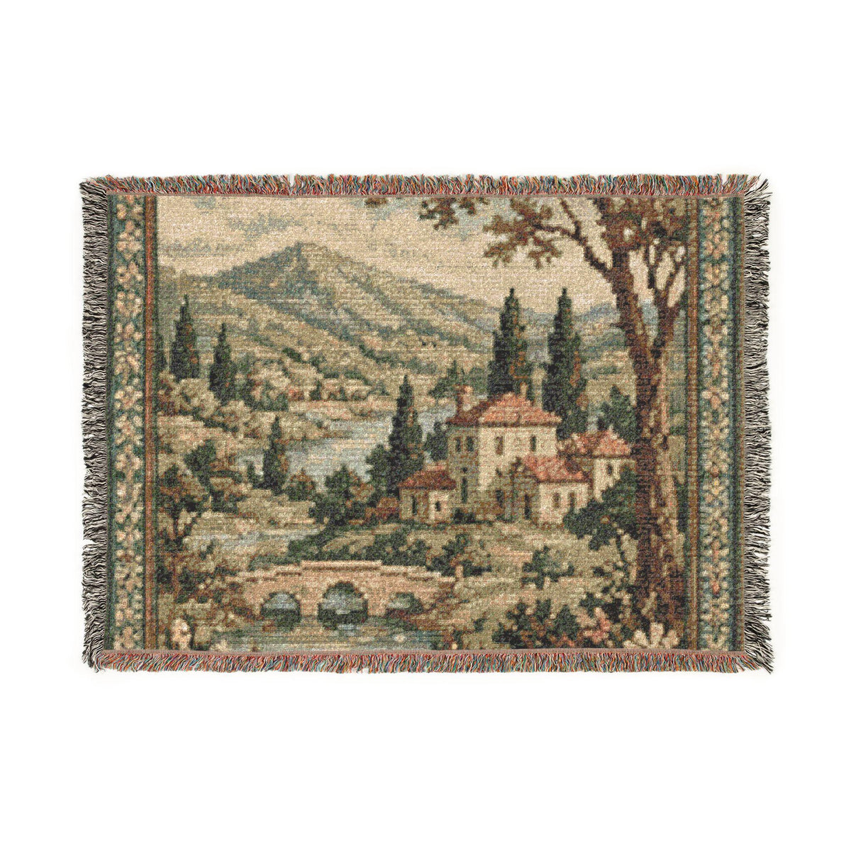 Vintage Cottage Landscape Woven Blanket | Scenic Tapestry Throw