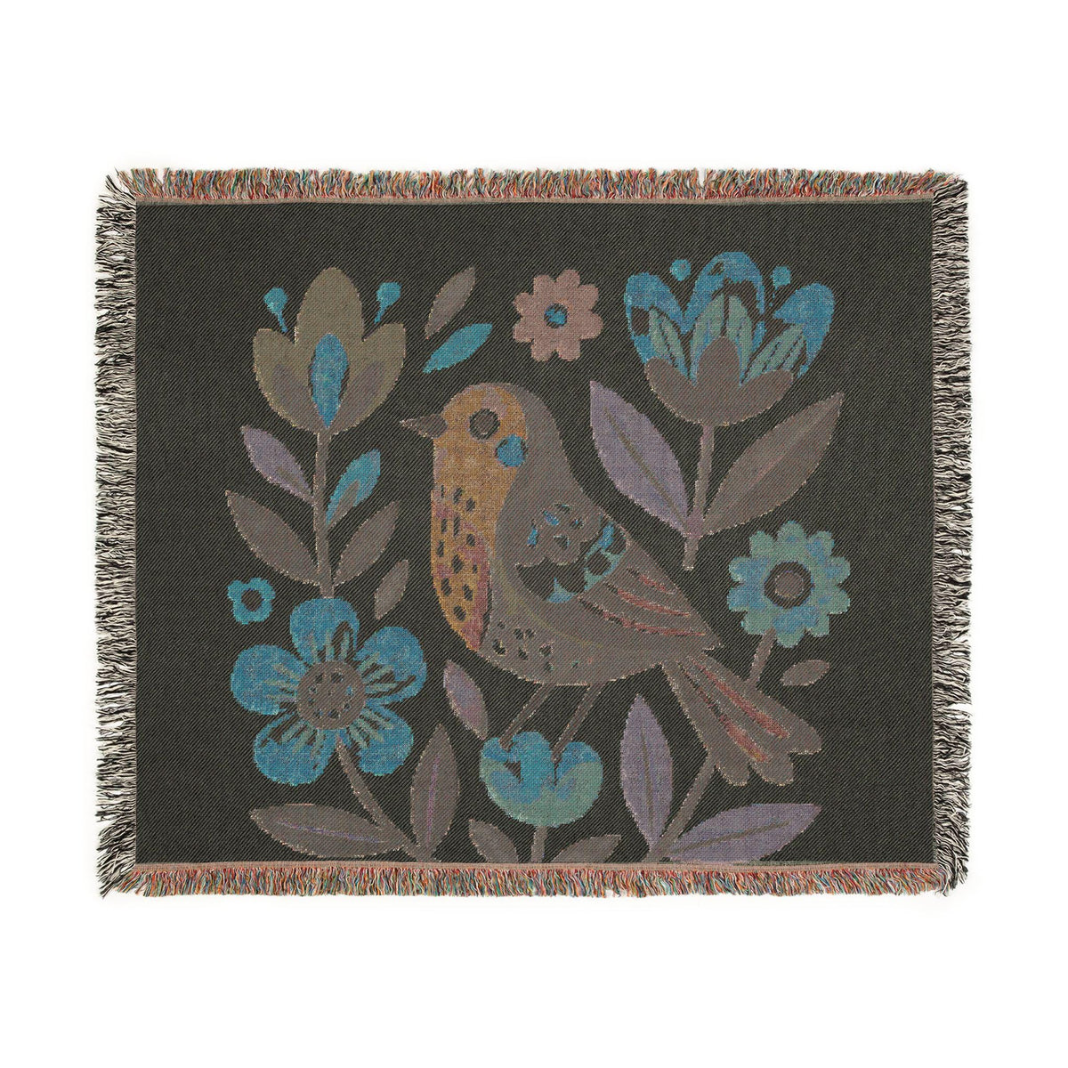 Folk Bird Floral Woven Blanket | Tapestry Throw with Cottagecore Flowers