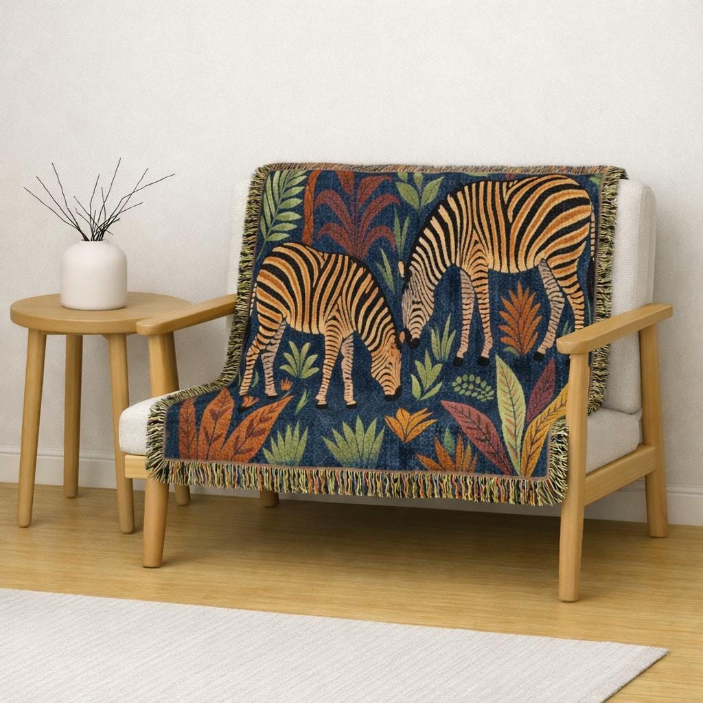Striped Zebra Jungle Woven Blanket | Animal Print Throw, Botanical Motif