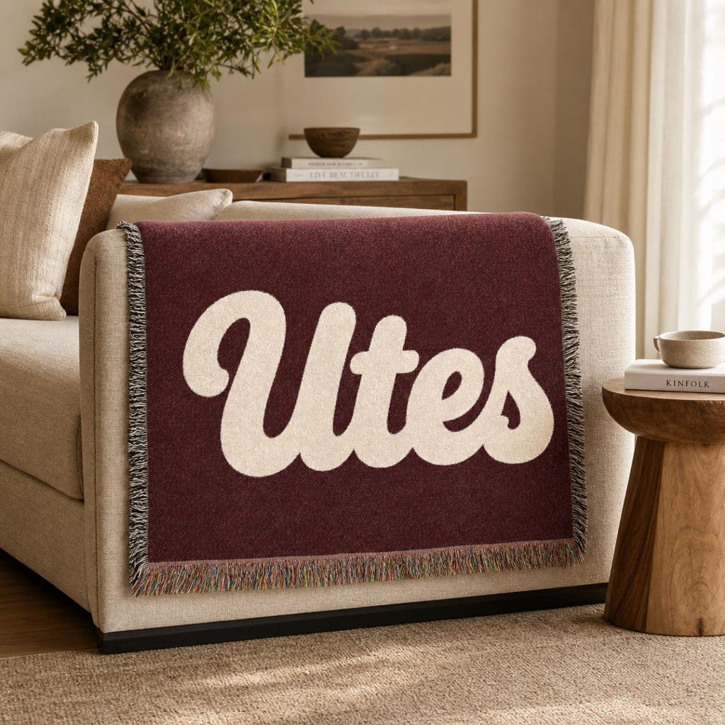 Utes script logo Woven Blanket | collegiate team throw, maroon cream