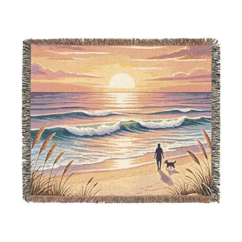 Sunset Beach Walk Woven Blanket | Coastal Ocean Scene Throw