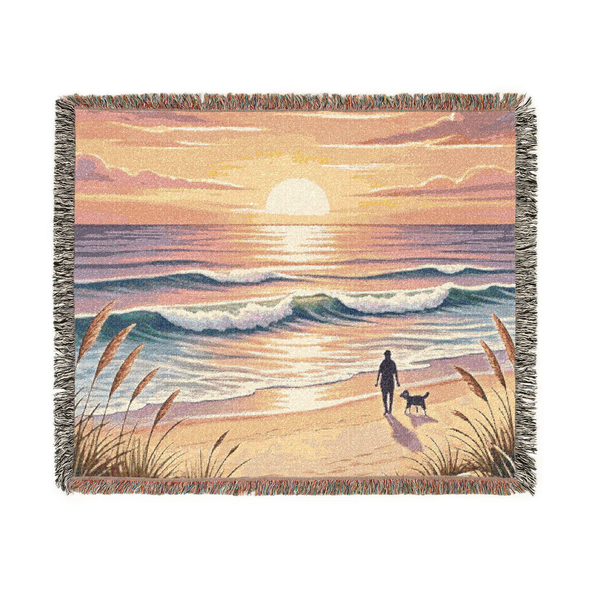 Sunset Beach Walk Woven Blanket | Coastal Ocean Scene Throw