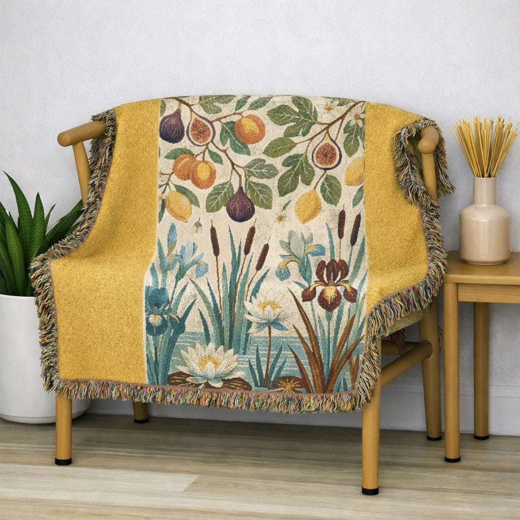 Botanical Panel Woven Blanket | Floral Fruit Tapestry Throw
