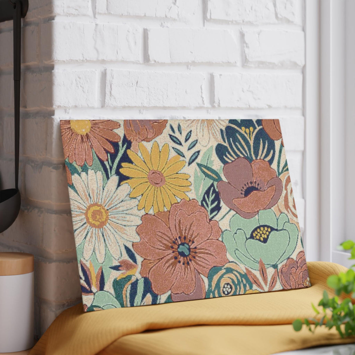 Vintage Floral Pattern Glass Cutting Board | Daisies Poppies Kitchen Decor