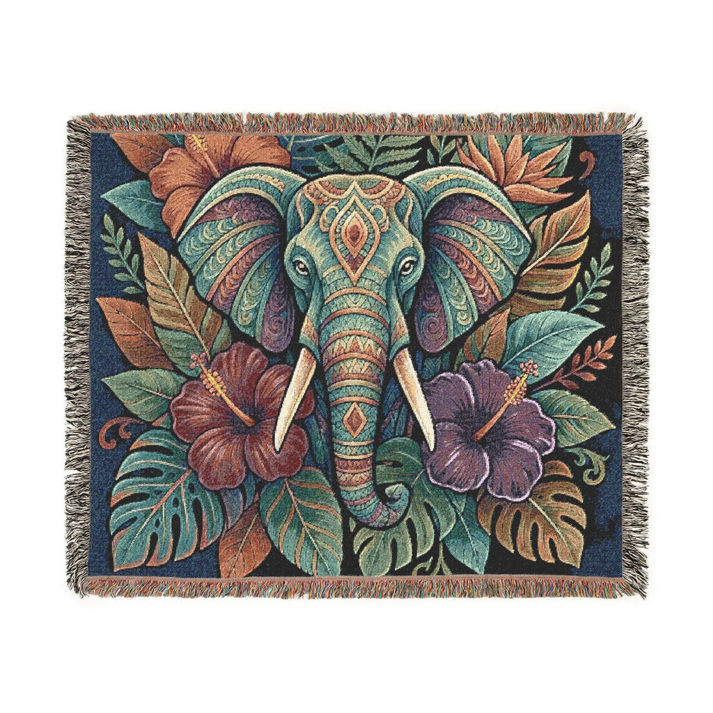 Colorful Boho Elephant Woven Blanket | Floral Tribal Elephant Throw