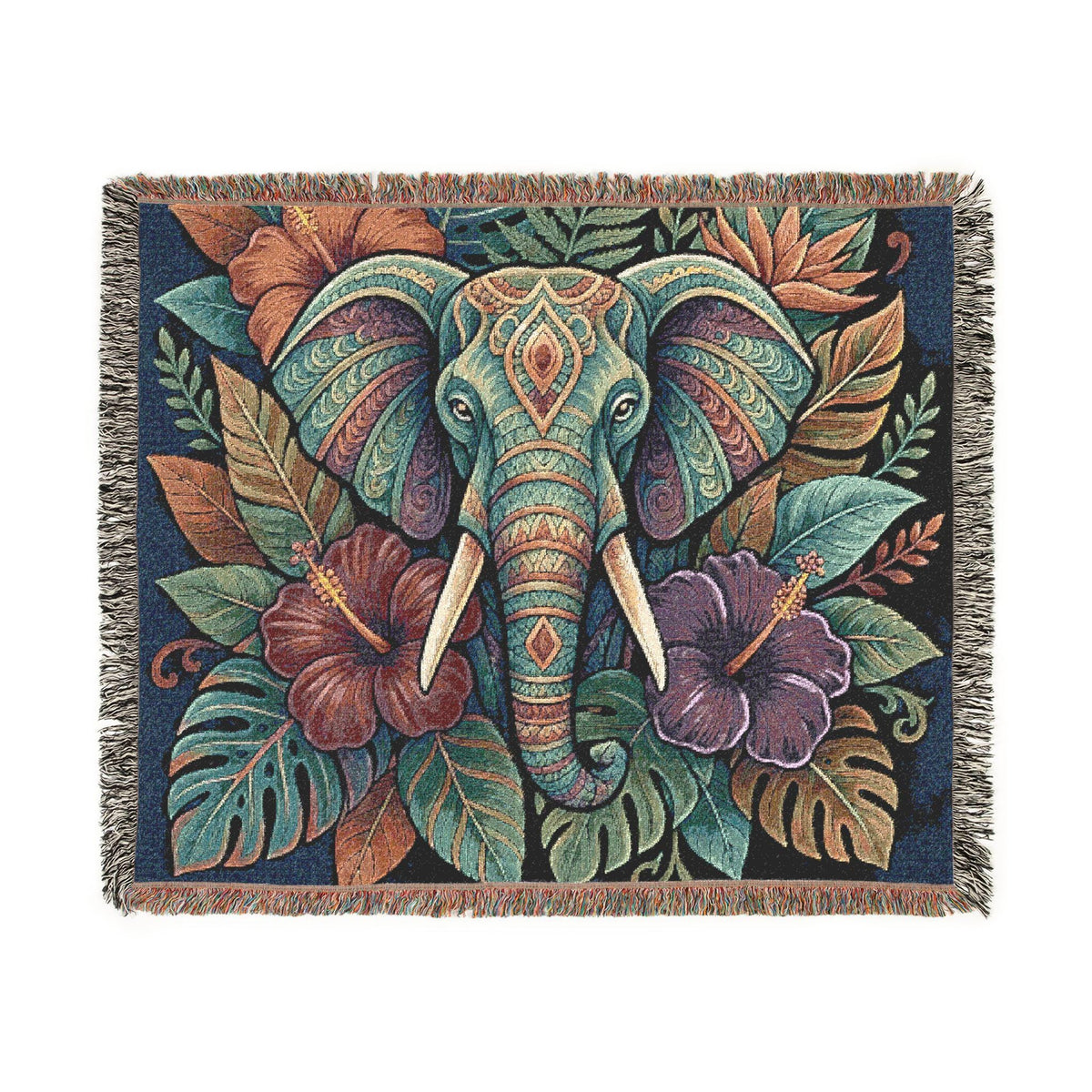 Colorful Boho Elephant Woven Blanket | Floral Tribal Elephant Throw