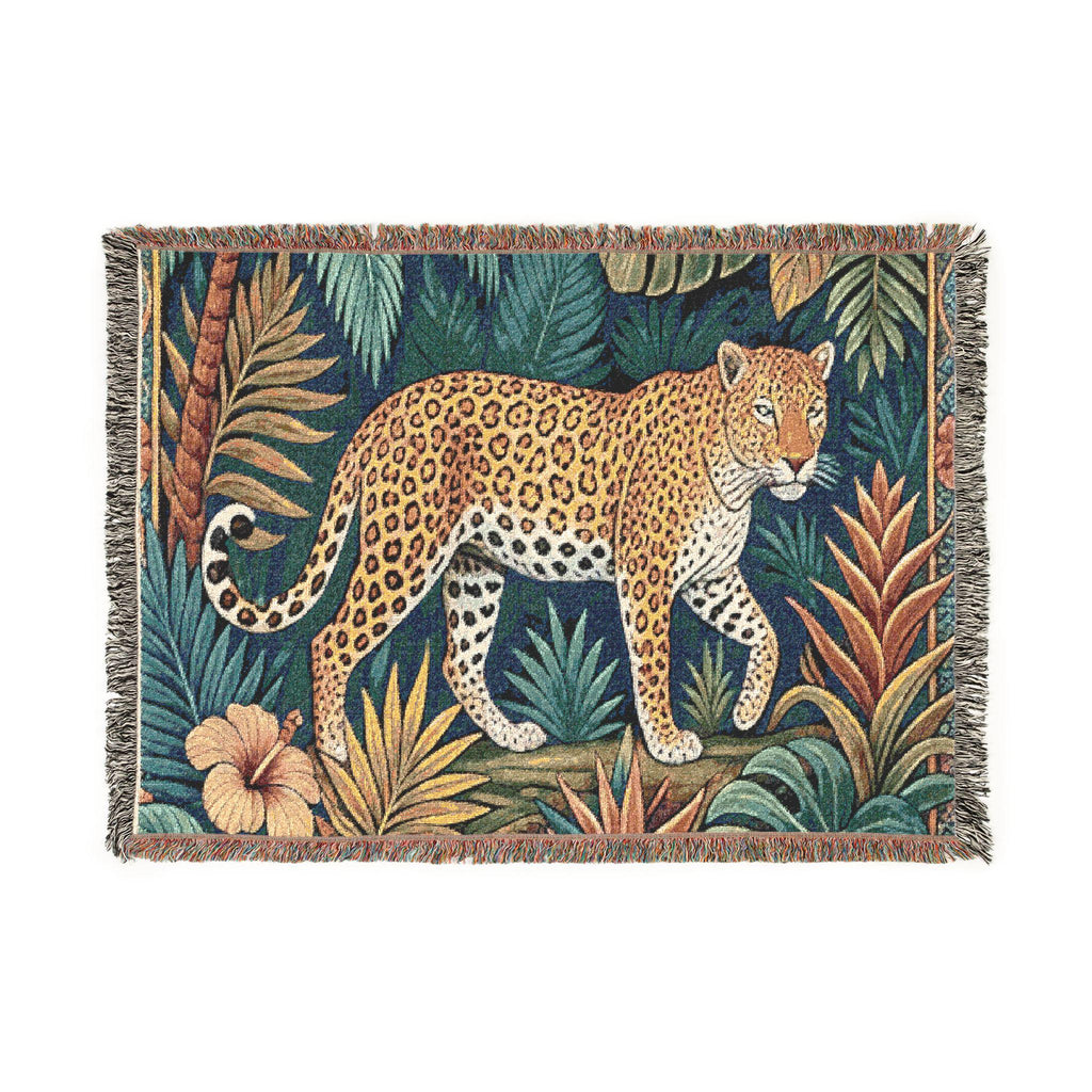 Leopard Jungle Tapestry Woven Blanket | Tropical Botanical Throw