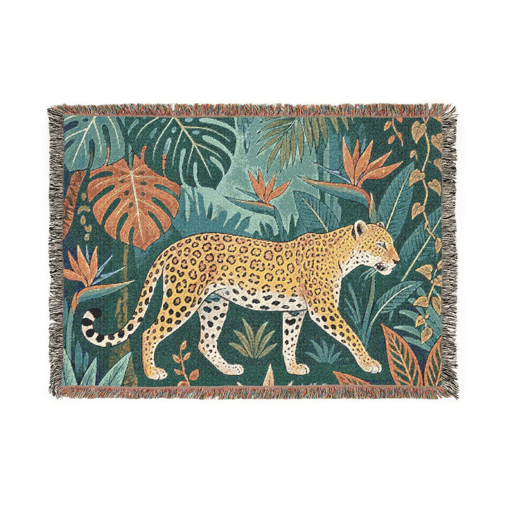 Leopard Jungle Tapestry Woven Blanket | Tropical Leaves, Botanical Throw