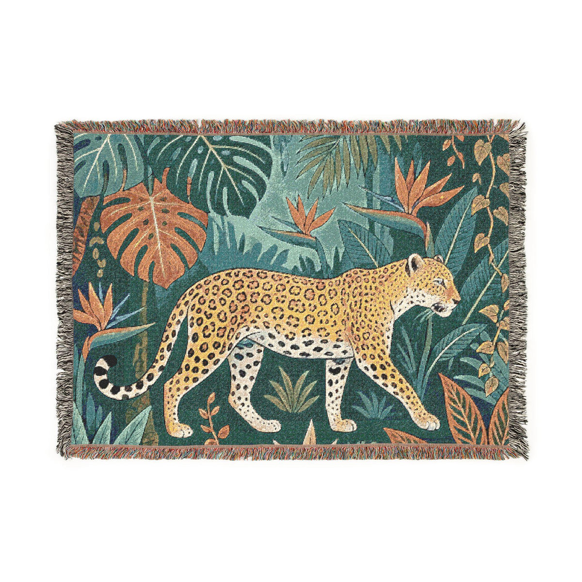 Leopard Jungle Tapestry Woven Blanket | Tropical Leaves, Botanical Throw