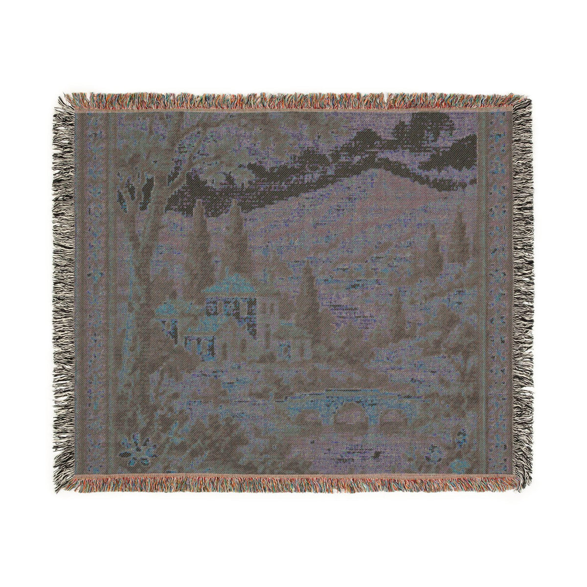 Vintage Cottage Landscape Woven Blanket | Scenic Tapestry Throw