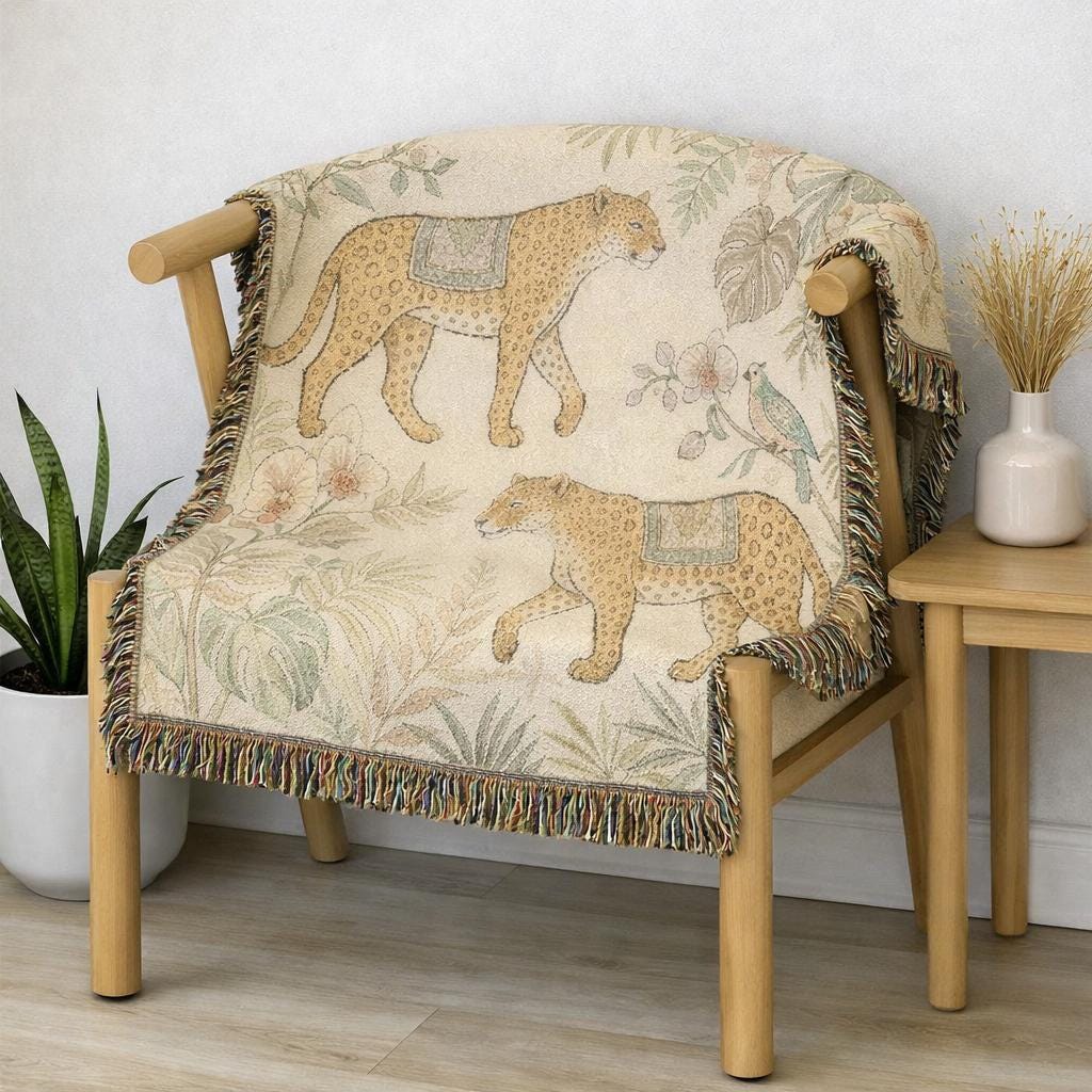Tropical Leopard Woven Blanket I Animal Throw