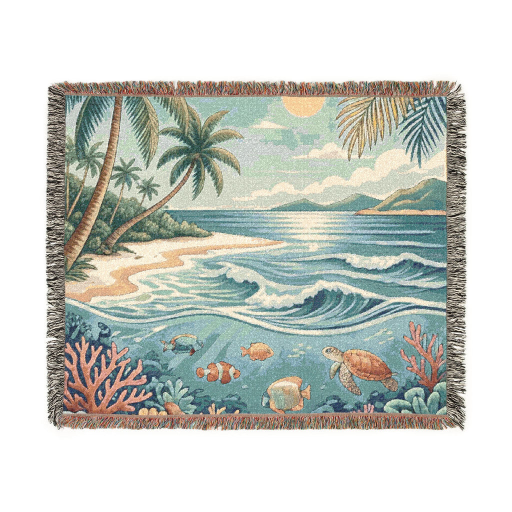 Tropical Beach Scene Woven Blanket | Ocean, Palm Trees, Coral Reef
