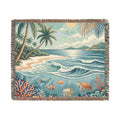 Tropical Beach Scene Woven Blanket | Ocean, Palm Trees, Coral Reef