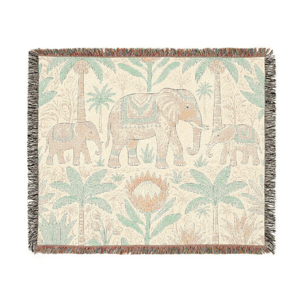 Boho Elephant Family Woven Blanket | Tropical Palm Tapestry Throw