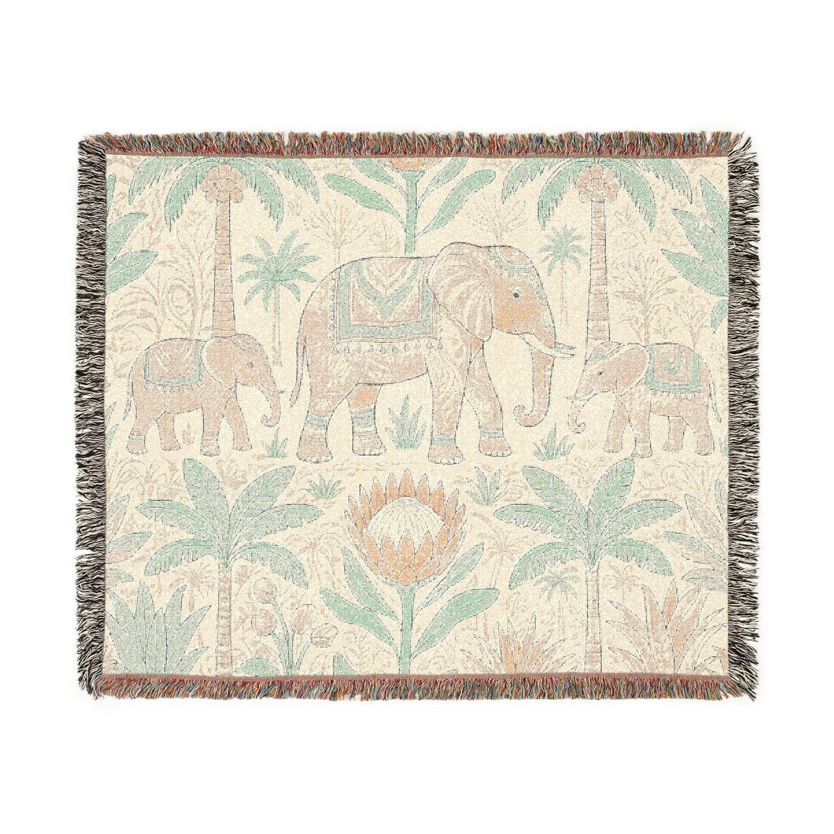 Boho Elephant Family Woven Blanket | Tropical Palm Tapestry Throw