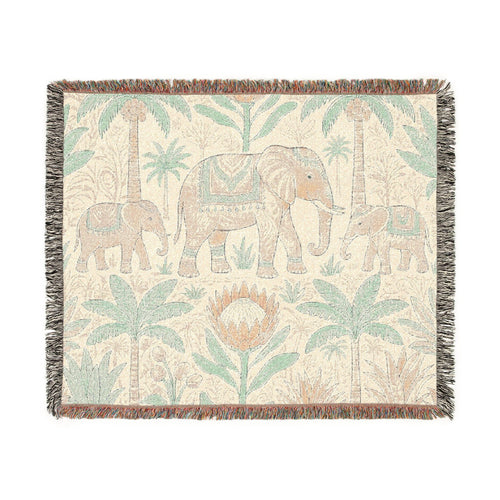 Boho Elephant Family Woven Blanket | Tropical Palm Tapestry Throw