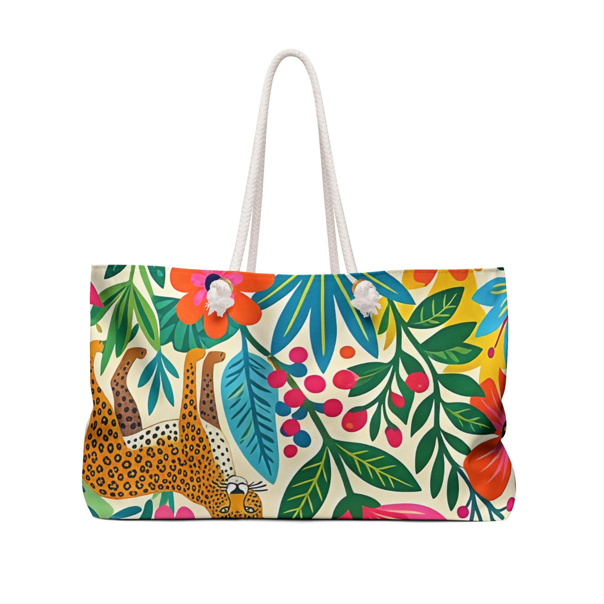 Tropical Leopard Floral Print Weekender Bag | Colorful Botanical Travel Tote