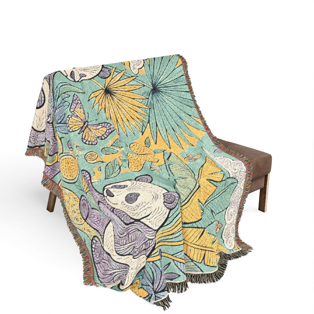 Panda Floral Tapestry Woven Blanket | Jungle Leaves, Sunflower Motif