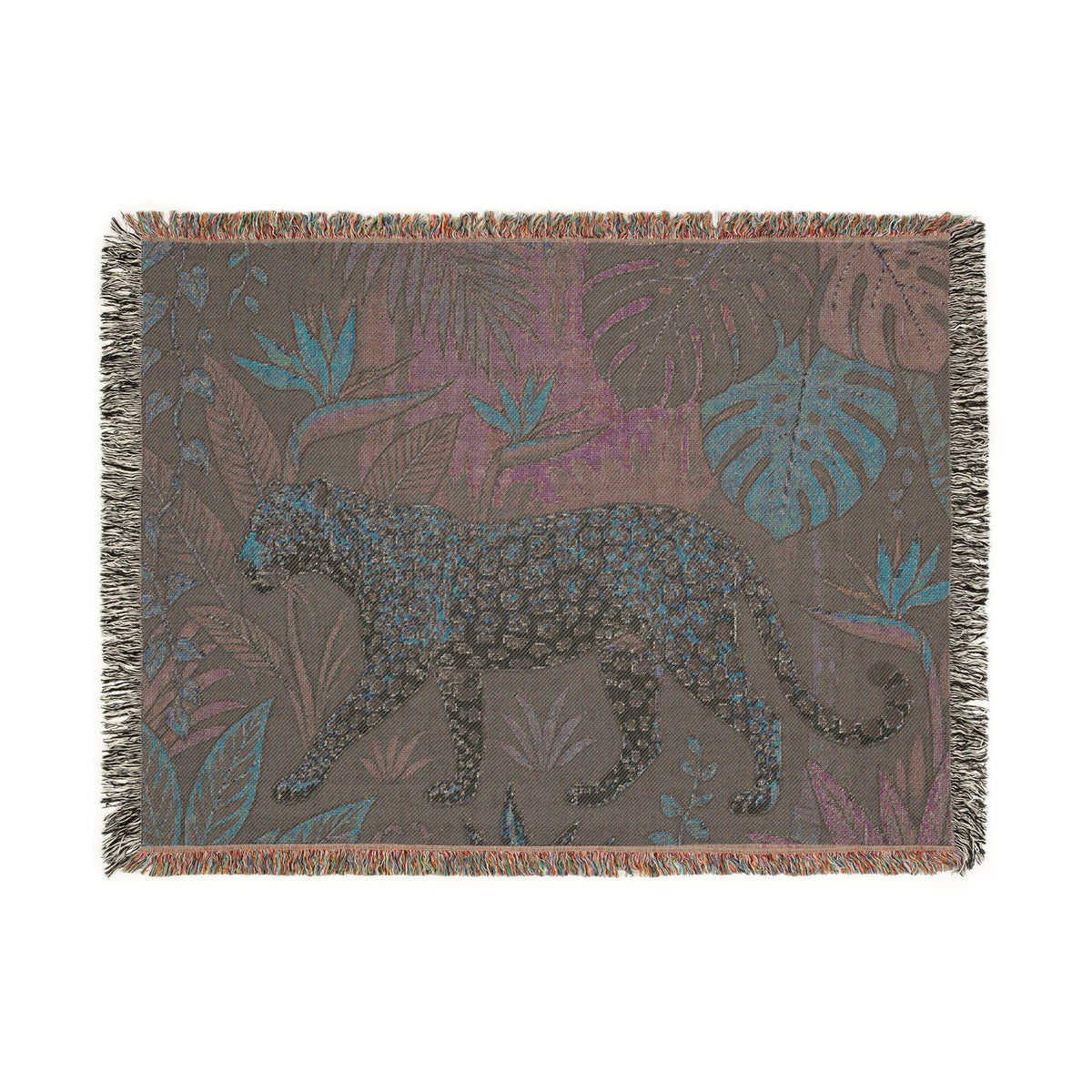 Leopard Jungle Tapestry Woven Blanket | Tropical Leaves, Botanical Throw