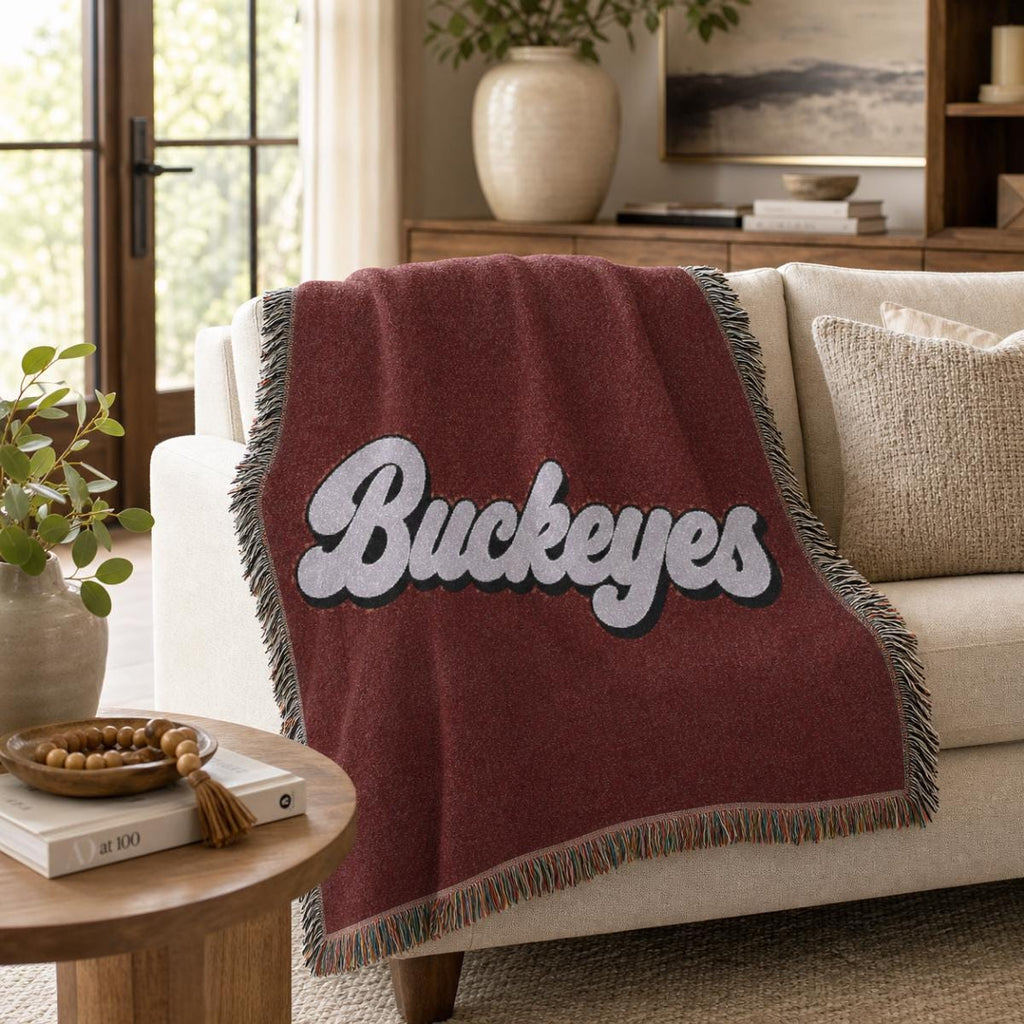 Buckeyes script Woven Blanket | collegiate team throw, maroon gray sports décor