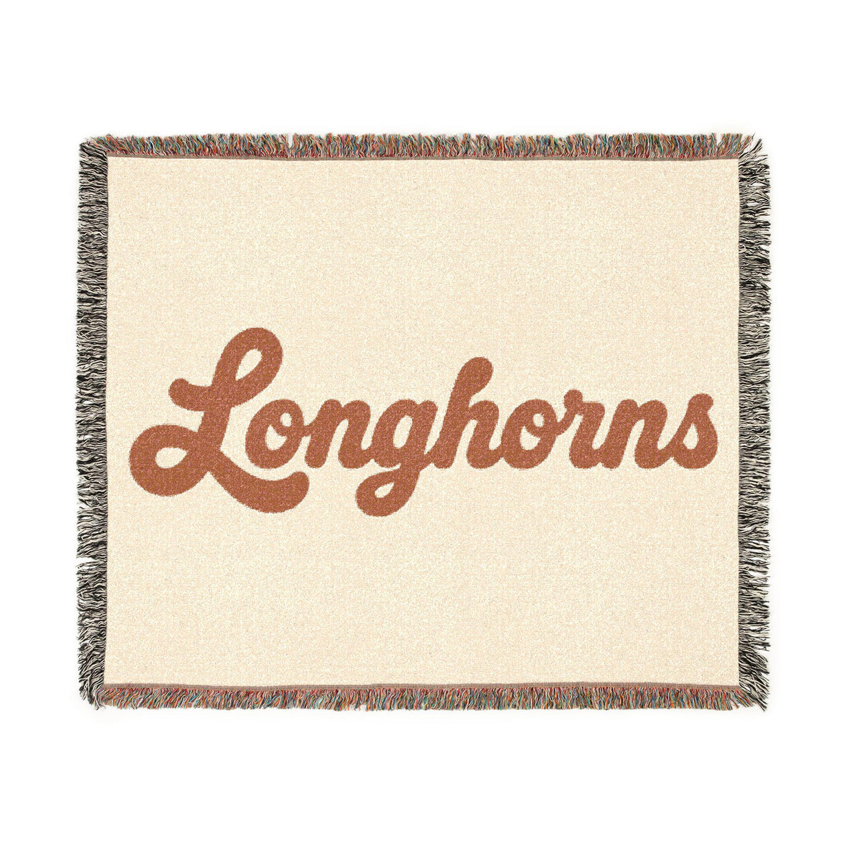 Longhorns script Woven Blanket | fringed throw, retro cowhide colors